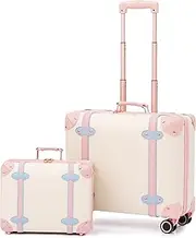 [Miss.Box] Vintage Luggage Set with Wheels, Retro Suitcase, Travel Trunk Set, Stylish Vintage Luggage Set for Women and Men, White, 14inch&18inch, Vintage Retro Style