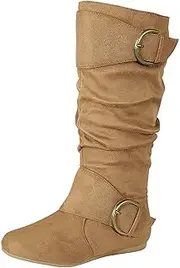 [Forever Link] Klein-70 Women's Closed Round Toe Buckle Slouch Flat Heel Mid-Calf Boot