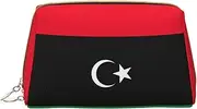 Libyan Flag Leather Hand-Held Zipper Makeup Bag Cute Make Up Case Large Wide-Open Pouch Pen Case, White, One Size