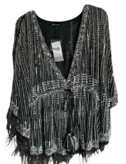Diamond For Eden NWT Black And Silver Sequined Evening Top With Feathers Size S/