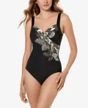 Miraclesuit L67916 Womens Black Printed Tummy-Control Swimsuit US Size 14