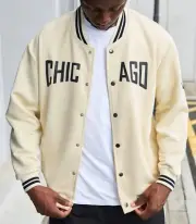 Varsity Jacket Size 2Xl Men’s Chicago Coat Bomber Chicago Beige New