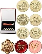 Yoption Wax Seal Stamp Gift Box Kit, 6 Pieces Blessing Sealing Wax Stamp Heads with 1 Wooden Hilt Set, Wax Stamp Kit for Envelopes Invitation Card Gift Decoration (Phrases Series)