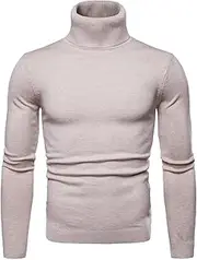 [Gsywaipei] Men's Turtleneck Knitted Sweaters Winter Wool Long Sleeve Knit Pullovers Casual Fit Twisted Pullover Solid Sweater, Beige, XL