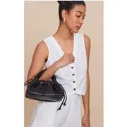 Black PU Drawstring Mini Bag, Black