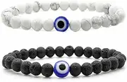 [Caiyao] 2-3Pcs Lucky Turkish Blue Evil Eye Hamsa Hand of Fatima Beaded Stretch Bracelet Elastic 7 Chakras Gemstone Lava Stone Bracelet for Women Men Good Luck Protection Amulet Jewelry