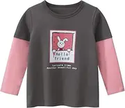 [Meufam] Toddler Kids Girls Cute White Rabbit Print Long Sleeve Basic Inside T Shirt Casual Tees Color Block Raglan Clothes