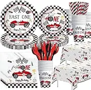 Xenorik Fast One Birthday Decorations For Boys, Red Race Car 1st Birthday Party Supplies Tableware, Racing Car Paper Plates and Napkins Set, Cups, Disposable Cutlery, Tablecloth, Serves 24
