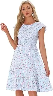 [Allegra K] Women's Fit and Flare Summer Floral Midi Smocked Dress