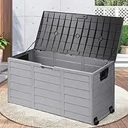 Garden Storage Box 290L with Wheels for Indoor/Outdoor, Weatherproof, Lockable, PP Material Deck Shed for Toys, Gardening Tools, Collectibles, Books, Clothes and Bedding, Easy Assemble (Gray)