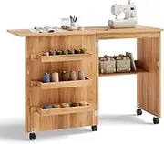 Giantex Folding Sewing Craft Table, Sewing Cabinet with 3 Storage Bins and Shelf, Rolling Craft Station Sewing Machine Work Desk with Lockable Wheels for Apartment Small Spaces, Light Brown