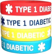 [IDmed] Diabetes Type 1 Silicone Bracelets - 6.3 inches for Kids Teens - 4 Pack - Medical Alert Diabetic Wristband, Silicone