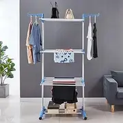 INONE Clothes Drying Rack Clothing Hangers, 4 Tiers Cloth Airer on Wheels, Portable Cloth Rack Dryer, Stainless Steel Garment Racks for Hanging Clothes, Laundry Rack Foldable with Shelf (Bule)