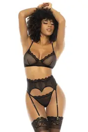 Mapale by Espiral Iris 3 Piece Mesh Bra Set with Garter Belt & Panty