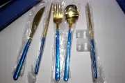 2 SETS OF CUTLERY : FORK SPOON KNIFE CHOPSTICKS GIFT BOX BLUE GOLD