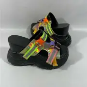 Womens Platform Wedges 6 Reflective Buckle Black