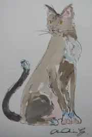 Original small pen & ink watercolour painting of a Cat on ivory Fabriano paper