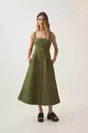 Aje Dress Size AU8 US 4 Axle Palm Green belted Gold Buttons Midi BNWT