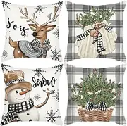 [ZANZER] Christmas Pillow Covers 18x18inch Set of 4 Snowman Reindeer Throw Pillow Covers Cushion Cases Winter Decorative Farmhouse Pillowcases for Sofa Couch Living Room Home Decor (A)