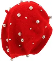 [COLLBATH] Luxury Cashmere Pearl Beret Women's Autumn Beret Beaded Rivet Wool Comfy Size Red