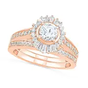 1.0 CT. T.W. Baguette and Round Natural Diamond Sunburst Frame Bridal Engagement Ring Set in Solid 10K Rose Gold