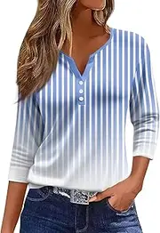 [Valtorixia] 3/4 Length Sleeve Women Henley V Neck Tops Casual Length Button Down Shirt Floral Print Blouses Plus Size Trendy Comfy Tees (color-b-40,Medium)