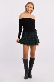 Green Check Skort Pleated Mini Skirt - Size 16XL, Women's Skort