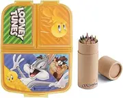 OM SUPPLIES Looney Tunes Heroes Reusable Sandwich Lunch Box 3 Multi Compartment Kids Children School Includes Half Size 12pcs Pencil Set (Looney)