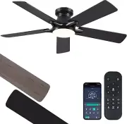 52 Inch Ceiling Fan with Lights and Remote/App Control - Black Flush Mount Ceili