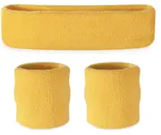 WRISTBAND & HEADBAND SET Tennis Terry Towelling Cotton Sweat Band Team Gym - Yellow