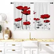 Coxila Red Floral Kitchen Window Curtains 27.5 x 36 Inch Small Short Mini Cafe Rod Pocket Cute Wildflower Boho Spring Fun for Living Bedroom Room Home Treatment Set of 2 Curtain Panels Drapes Tiers