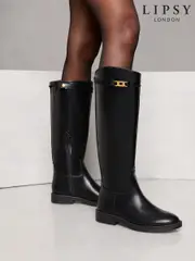 Lipsy Black Flat Long Knee High Faux Leather Riding Boots (AN9340) | $173