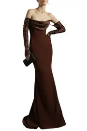 [Rhea Costa] RAVEN BURGUNDY CREPE LONG DRESS IT 44 BROWN