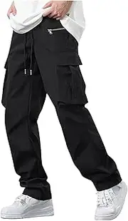[Generic] Men's Cargo Pants Athletic Tactical Pants Outdoor Work Hiking Pants Baggy Elastic Waist Drawstring Joggers Sweatpants