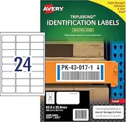 Avery A4 Rectangle TripleBond™ Labels - Waterproof Stickers - White, 63.5 x 33.9 mm, 240 Labels / 10 Sheets (959221/ L6141)