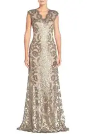 NWT TADASHI SHOJI Smoke Pearl Scalloped Lace Overlay Sequined Cap Sleeve Gown 14