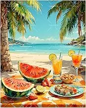 Tropical Lunch Paint by Numbers Kit for Adults - DIY Watermelon and Juice by the Beach Painting on Canvas 16x20In, Acrylic Paint Set, Suitable for Beginners, Art for Home Decoration or Gifts