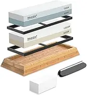 Meiyijia Sharpening Stone, 2-in-1 Whetstone Knife Sharpener with Non-Slip Silicone Holder, Knife Holder for Knives, Dressing Stone, Bamboo Base (5000/10000+400/1000 Grit/Set)