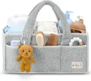 Baby Diaper Caddy Organizer Bag, Portable Soft Sherpa Nursery Basket, Grey (NEW)