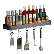 SOGA 50cm Black Wall-Mounted Rectangular Kitchen Spice Storage Organiser Space Saving Condiments Shelf Rack with Hooks