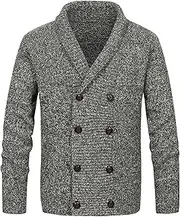 [Generic] Men's Cable Double Breasted Chunky Cardigan Button Shawl Collar Knitted Sweater Men Double Breasted Knit Cardigan