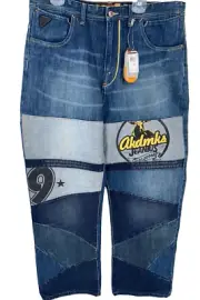 NWT AKADEMIKS Patchwork Denim Jeans 38x34 Relaxed fit streetwear pants hip hop