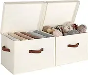 StorageWorks Fabric Storage Bins with lid, Decorative Boxes for Shelves, Closet Organizer Basket with Handles, Jumbo, Ivory White, 2-Pack