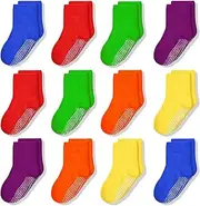 [SKIBEAUT] Toddlers Crew Socks for Girls Anti Skid Slip Gripper Kid Socks Mid Calf Toddler Socks with Grips for 1-10 Years Girl 12 Pairs