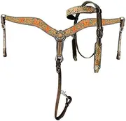 Showman Painted Floral Tooled Browband Leather Headstall & Breast Collar Set