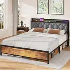 Bed Frame Queen Size Charging Station Remote RGB LED Storage Headboard Shelf