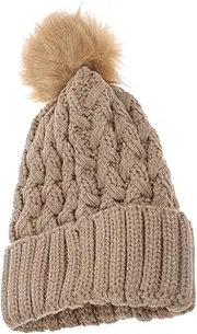 [FOMIYES] Women Fluffy Hat Stylish Knitted Beanie for Outdoor Activities Warm Fuzzy Fur Ball Design for Teens Khaki