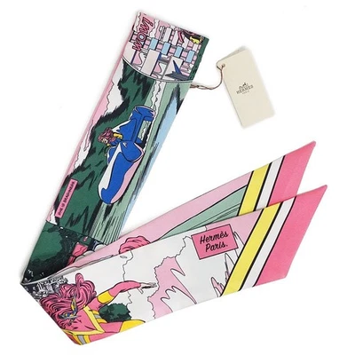 HERMES Twilly WOW Comic Pattern Ribbon Scarf 100 Silk Multicolor Pink with Box N