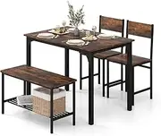 Costway 4-Piece Dining Table Set, Kitchen Table with 2 Chairs & a Bench, Space-Saving Dinner Table Set with Storage Shelf & Metal Frame, Rustic Brown (Coffee)