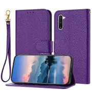 Galaxy Note10 Case Litchi Grain PU Leather Folio Cover Magnetic Closure Flip Wallet Card Slots Stand Case With Hand Strap, Brown - Red